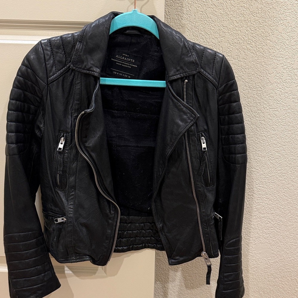 All Saints Quilted Black Leather Jacket